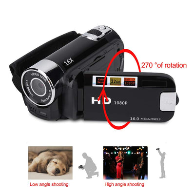 Focket Digitaler Camcorder, HD-Camcorder, Full-HD-Rotation, 270 °, 1080p, 16 x, tragbare DV-Videokamera mit Display von 6,9 cm (2,7 Zoll), für Camping zu Hause (EU-Stecker, schwarz)