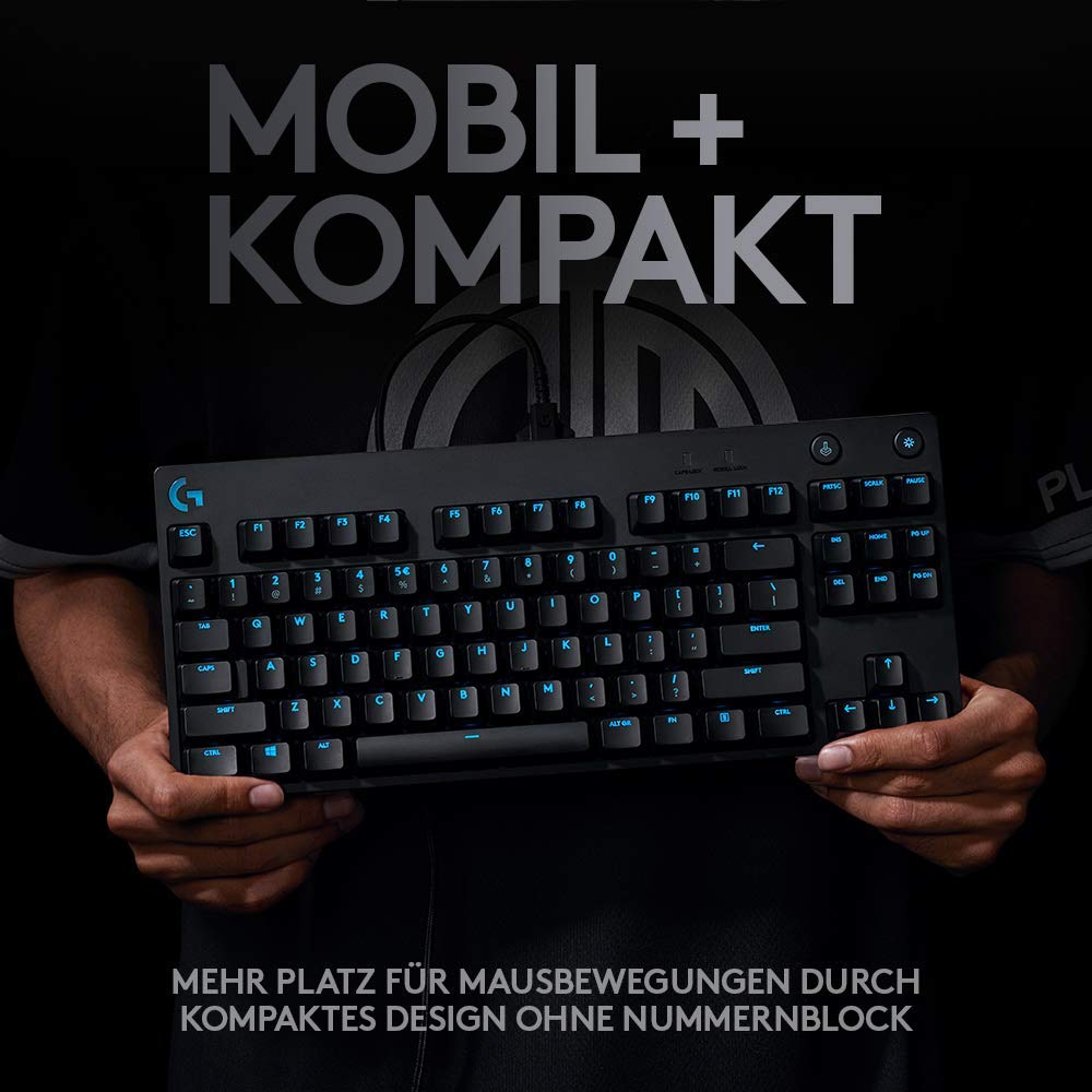 Logitech G PRO Mechanische Gaming-Tastatur – Portable Tenkeyless Design, abnehmbares Micro-USB-Kabel, GX Blue Clicky Switches, LIGHTSYNC RGB Backlit Keys, QWERTZ Deutsch, PC,Mac - Schwarz