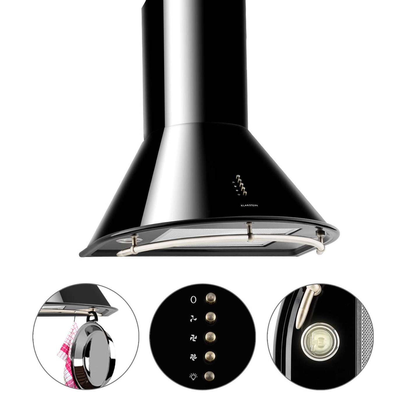 Klarstein Lumio Neo - Retro Dunstabzugshaube, Wandabzugshaube, Abzugshaube, Energieeffizienzklasse B, Breite: 60 cm, Abluft/Umluft, Abluftleistung: 610 m³/h, Edelstahl-Gehäuse, schwarz