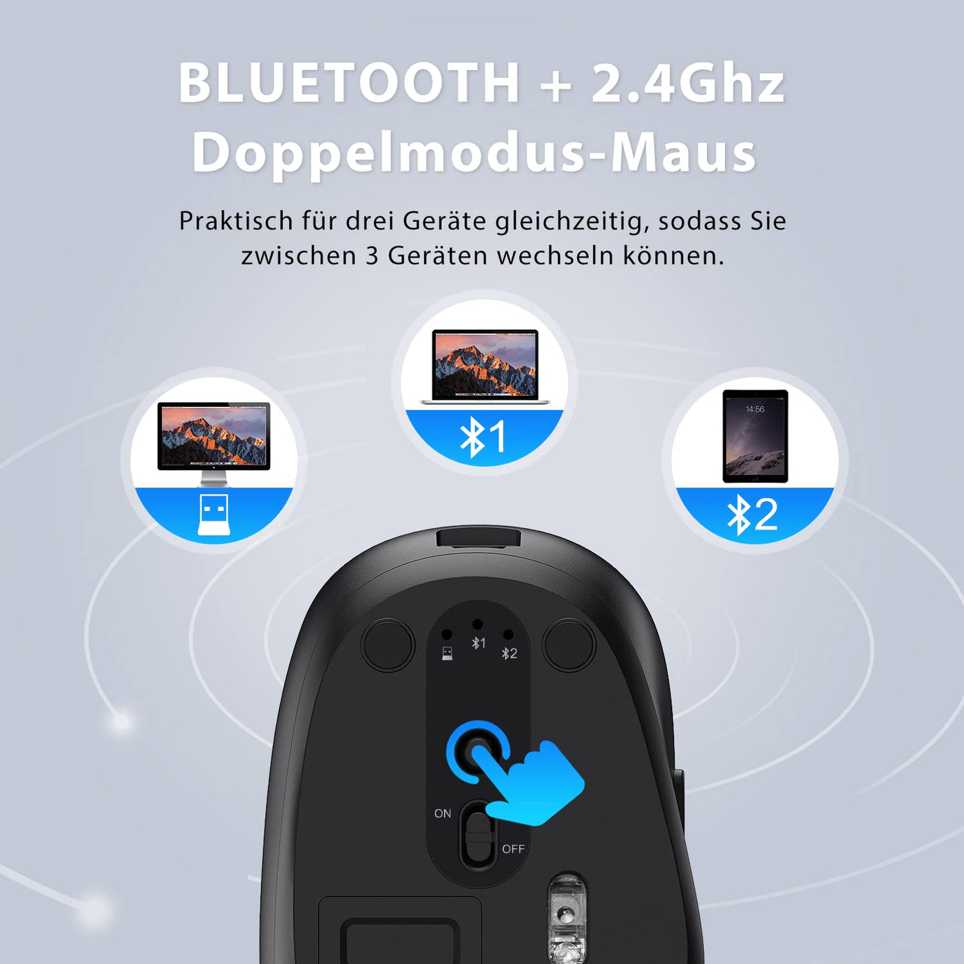 iClever Bluetooth Tastatur und Maus, Wiederaufladbare Dualmodus (Bluetooth 4.2+2.4G) Kabellose Tastatur Maus Set, Extrem-Dünne Multi-Funktionale für Mac, Andoid, Windows