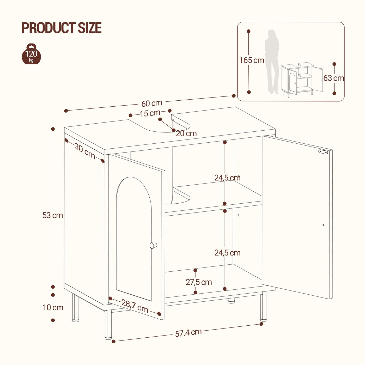 Hzuaneri Waschbeckenunterschrank, Unterschrank, Waschtischunterschrank, Badezimmerschrank mit 2 Türen, verstellbare Ablage, viel Stauraum, freistehend, Landhausstil, 30 x 60 x 63 cm, Weiß BC19103X