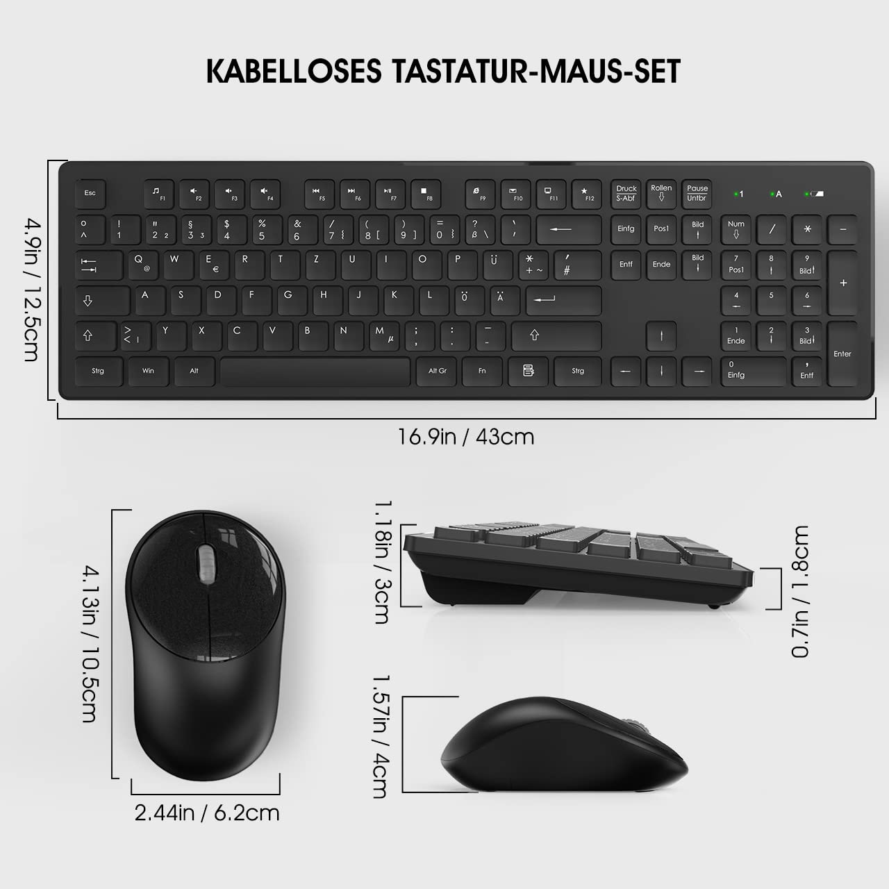 Tastatur Maus Kabellos, 2,4GHz Büro Maus Tastatur Set Kabellos mit USB, Tastatur in voller Größe, Leise Maus mit 1600DPI, für Windows, Desktop PC, Chromebook, Laptop, Computer(Deutsche/Schwarz)
