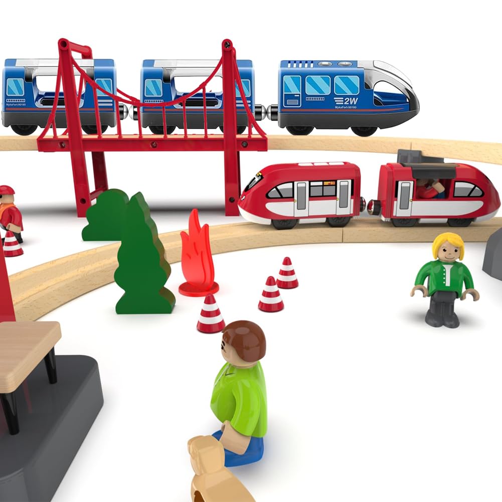 Zuoan Batteriebetriebener Zug für Holzeisenbahn-Schienenset, Spielzeug für Kleinkinder im Alter von 3 4 5 Jahren, Jungen, Kinder, Magnetkupplungen, Stadtfahrzeug mit Figuren (ohne Holz-gleise)