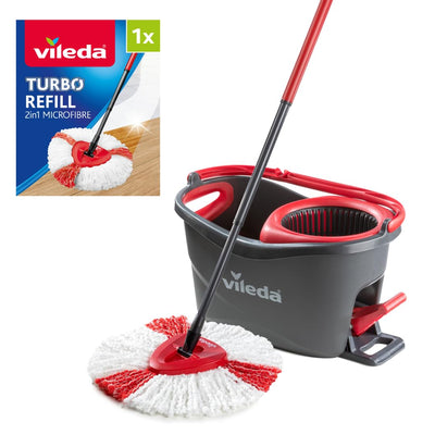 Vileda Turbo Mikrofaser Wischmopp und Eimer Set mit extra 2-in-1 Kopfersatz, Spin Mop zum Reinigen von Böden, Set aus 1x Mop, 1x Eimer und 1x Nachfüllpackung