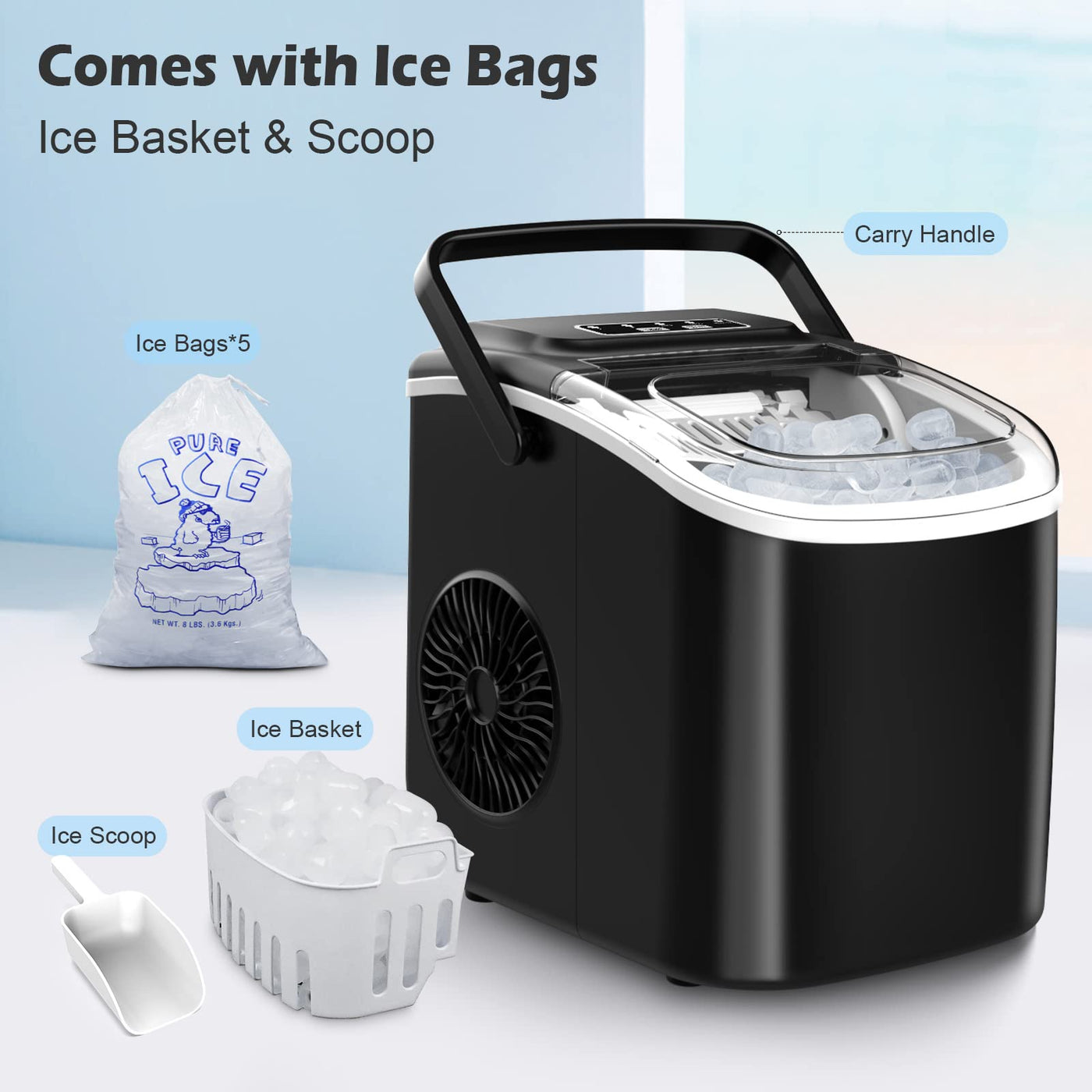 Ice Maker Cube Maschine Eiswurfelmachine Eiswürfel Arbeitsplatte In 6 Minuten fertig 2L mit Eisschaufel und Korb LED-Anzeige Für Home Bar Schwarz