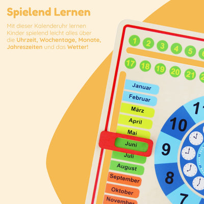 Tooky Toy Holz Jahresuhr für Kinder - Lernuhr - Kalenderuhr - Lerntaffel - Uhr, Wochentage, Monate, Jahreszeit, Wetter - Holzspielzeug - ca. 30 x 30 x 5 cm - ab 36 Monaten