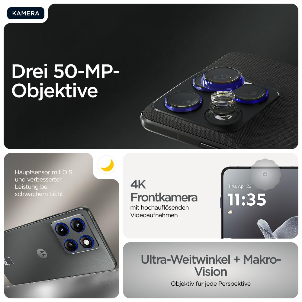 Motorola Edge 70 Smartphone (Robustes 6,67"-pOLED-Display mit Gorilla Glass 7i, 50-MP-Kamera, 12-512 GB, Wasser- und hitzebeständig, 68W-TurboPower-Aufladen), Pantone Gadget Gray, inkl. Magnetcover