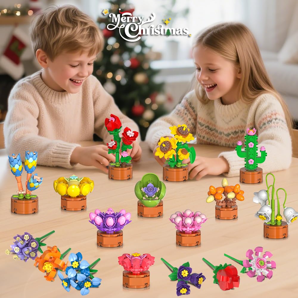 HOGOKIDS Adventskalender 2025 Blumen 3.6 Mini Bausatz - 24 Tage Weihnachten Countdown Sukkulenten Botanische Bauspielzeug, Adventskalender Bausteine Geschenk für Erwachsene Kinder Jungen Mädchen 6+