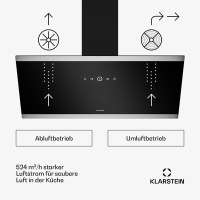 Klarstein FlashLine Dunstabzugshaube – 90 cm Kopffreihaube, Touchscreen, 524 m³/h, A++ Energieeffizienz, LED-Beleuchtung, 34,5 dB, Schwarz, Abluft- und Umluftbetrieb