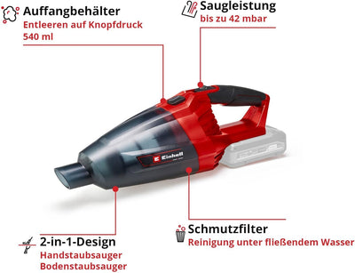 Einhell Akku-Handstaubsauger TE-VC 18 Li-Solo Power X-Change (18 V, 42 mbar Saugleistung, 540 ml-Staubfangbehälter, inkl. 3 Düsen, Verlängerung, Wandhalterung, ohne Akku und Ladegerät)