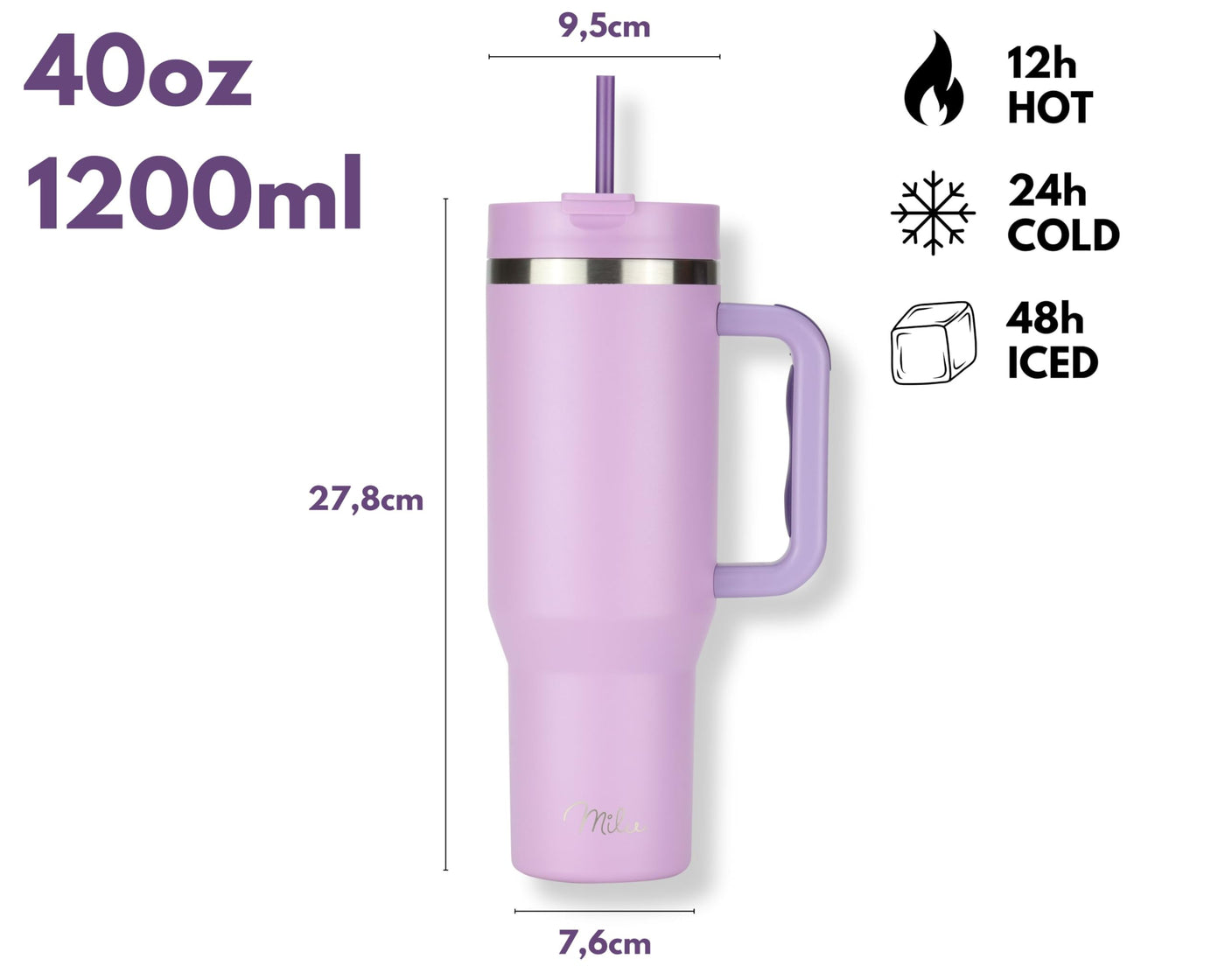 Milu Thermobecher 1200ml mit Strohhalm und Henkel – 48h Eis/24h kalt/12h heiß Edelstahl Tumbler 40oz mit Griff - Isolierbecher to go - Isolierflasche Trinkflasche doppelwandig isoliert (Lilac, 1200ml)