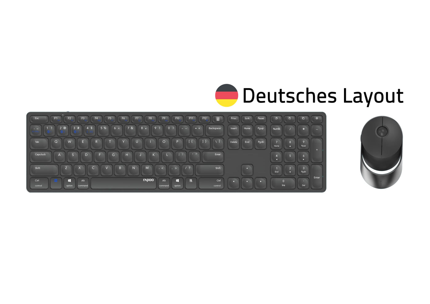 Rapoo 9750M kabelloses Tastatur-Maus Set Wireless Deskset 1600 DPI Sensor wiederaufladbarer Akku flaches Aluminium Design DE-Layout QWERTZ PC & Mac - dunkelgrau