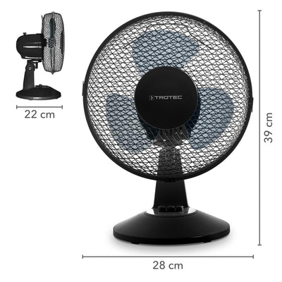 TROTEC Tischventilator TVE 11, geräuscharmer Ventilator, 25 Watt, 2 Gebläsestufen, 80°-Oszillation, 23 cm Flügeldurchmesser, stabiler und kippfester Standfuß, schwarz