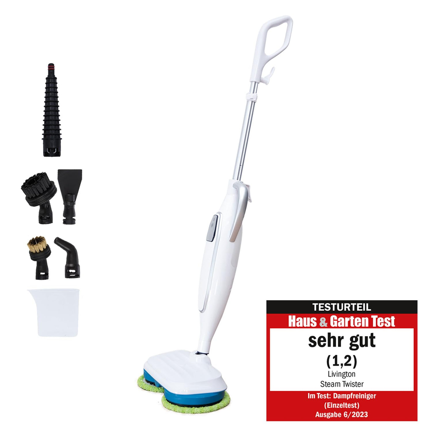 Livington Steam Twister weiß - rotierender Dampfreiniger inkl. Zubehör - Dampfbesen & Handdampfreiniger - Entfernt bis zu 99,9% der Bakterien - elektrischer Bodenwischer mit Wassertank
