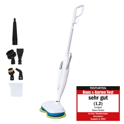 Livington Steam Twister weiß - rotierender Dampfreiniger inkl. Zubehör - Dampfbesen & Handdampfreiniger - Entfernt bis zu 99,9% der Bakterien - elektrischer Bodenwischer mit Wassertank