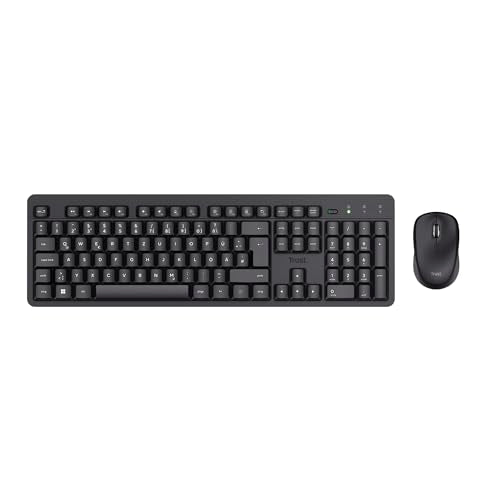Trust Ymo II Leise Tastatur Maus Set Kabellos Deutsches QWERTZ Layout, Flachen Tasten, Spritzwassergeschützt, Beidhändig Funkmaus 800-1600 DPI, EIN USB-Empfänger, für PC, Computer, Laptop, Mac