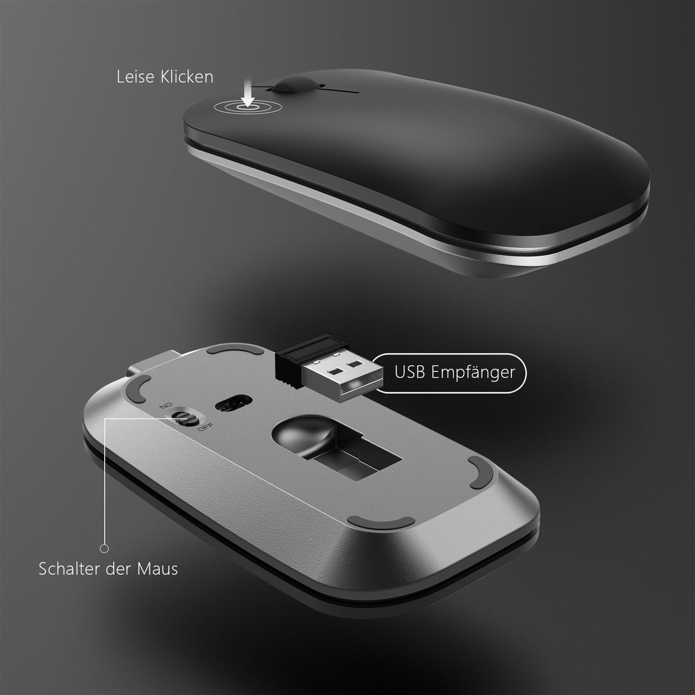 Kabelloses Tastatur Maus Set, seenda 2.4G Ultraflach Wireless Tastatur und Maus Aufladbar aus Aluminium, Deutsch QWERTZ Funktastatur Dünn für Windows/PC, Computer, Laptop, Smart-TV, Grau und Schwarz