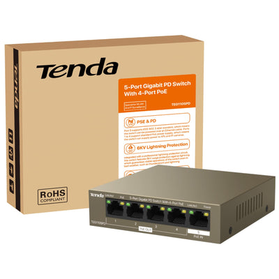 Tenda 5 Port PoE Switch ohne Netzteil, Gigabit PoE Powered Switch (1 PoE In & 4 PoE Out, Plug-and-Play PoE PD Switch, Lüfterlos, Metallgehäuse)(TEG1105PD)