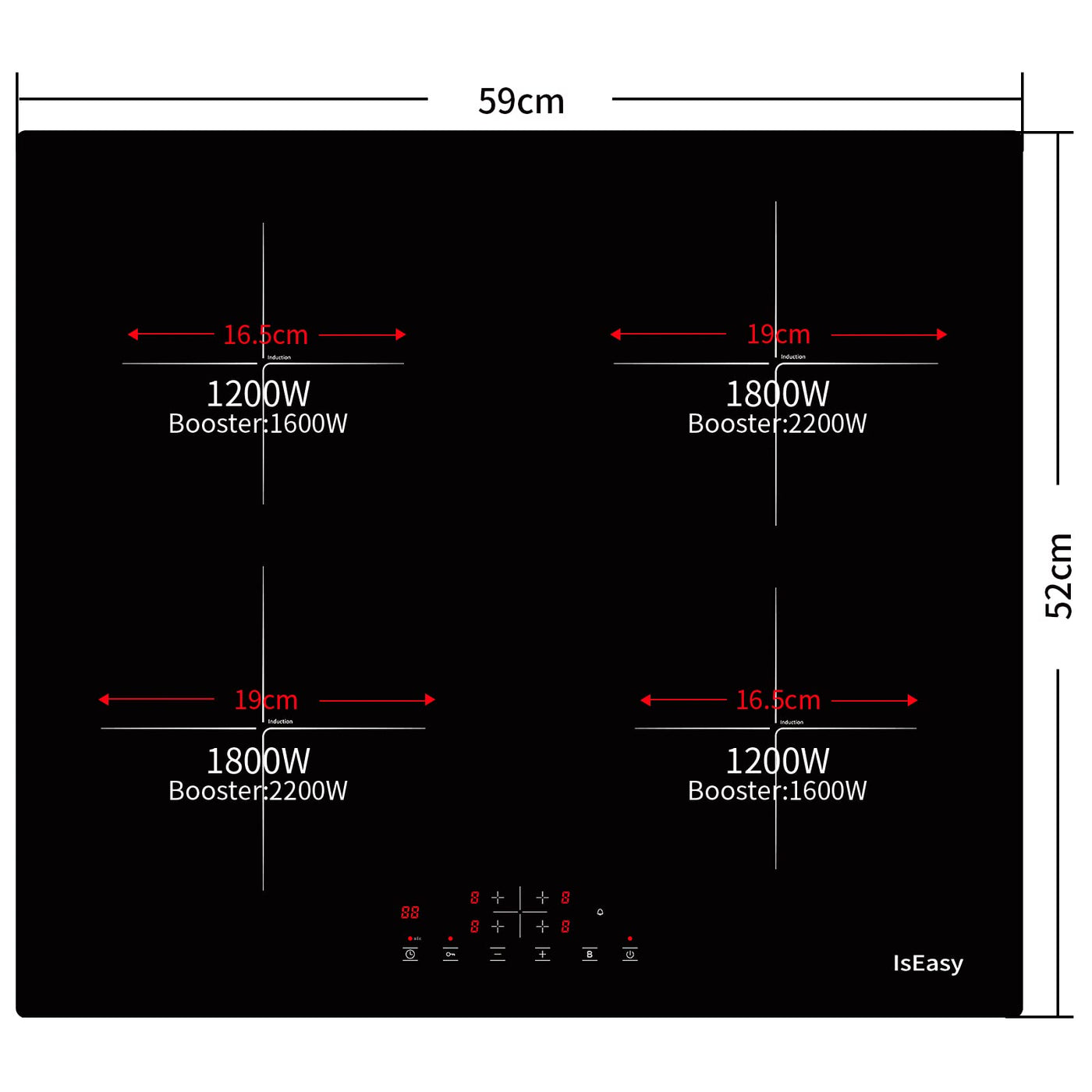 IsEasy 4 Zonen Einbau Induktionskochfeld mit 9 Leistungsstufen &1-99Min Timer, Boost-Funktion, Induktionskochplatte, Induktion Herdplatte mit 4 Platten, 60cm, 6800W, Schwarz
