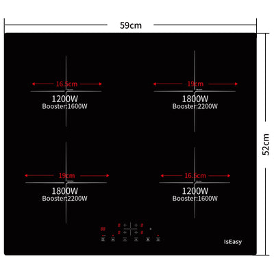 IsEasy 4 Zonen Einbau Induktionskochfeld mit 9 Leistungsstufen &1-99Min Timer, Boost-Funktion, Induktionskochplatte, Induktion Herdplatte mit 4 Platten, 60cm, 6800W, Schwarz