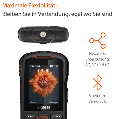 Gigaset GLX8 - Robustes 4G-Outdoor-Tastenhandy – Staub- & wasserdicht IP68 Schutzklasse - Dual SIM - ohne Vertrag - Bluetooth 5.0-2,4 Zoll LCD-Display, Schwarz/Orange