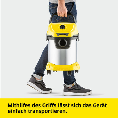 Kärcher Nass-/Trockensauger WD 3 S V-17/4/20, inkl. Patronenfilter, Vliesfilterbeutel, 1.000 W, 2 m und Schlauchaufbewahrung, Blasfunktion, Boden- und Fugendüse, Schwarz, Gelb