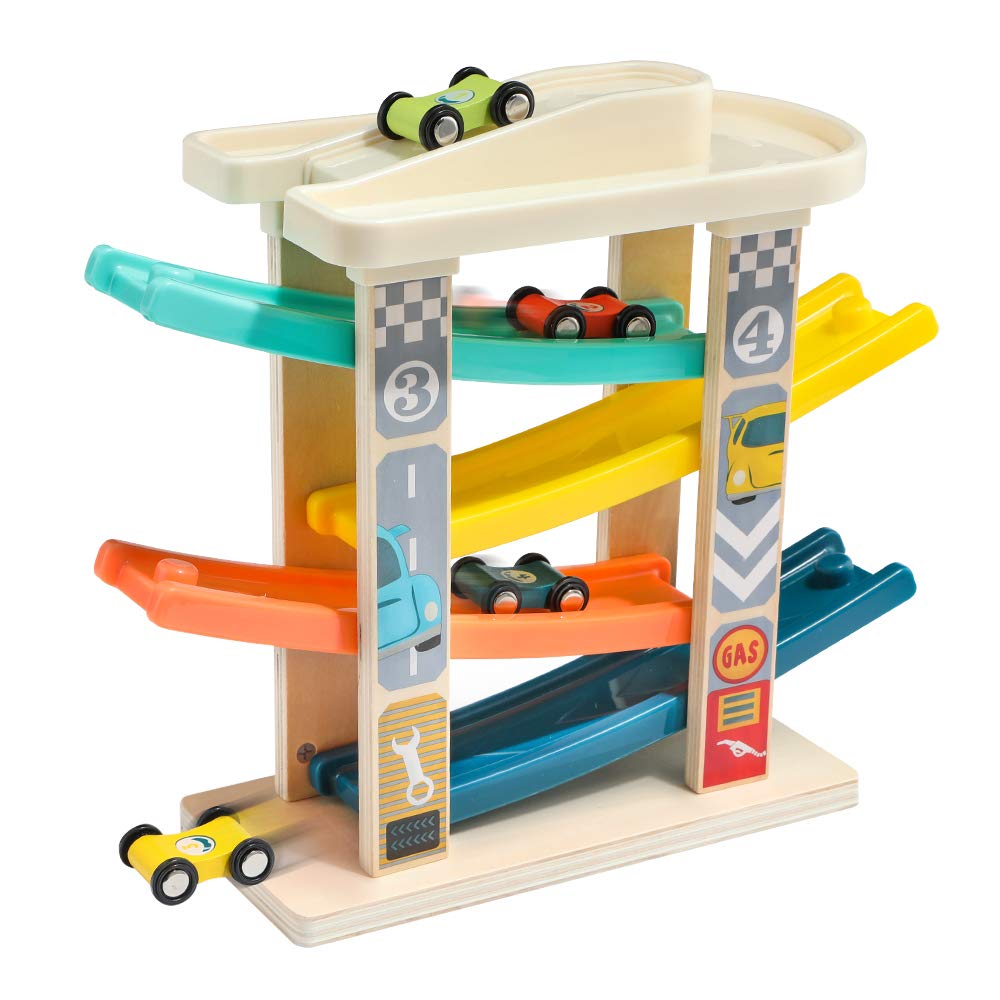 TOP BRIGHT Kugelbahn Autorennbahn aus Holz mit 4 Autos - Kinderspielzeug Geschenke für Kinder, Baby Spielzeug ab 1 Jahr Jungen und Mädchen