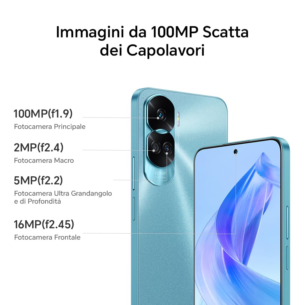 HONOR 90 Lite Smartphone 5G, 8 GB RAM und 256 GB, FullView Display von 6,7 Zoll bei 90 Hz, Dreifachkamera mit 100 MP mit 4500 mAh Akku, Dual SIM, Android 13, Cyan Lake