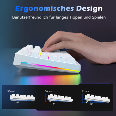 TECURS Mechanische Tastatur - Gaming Tastatur Kabellos Programmierbare 80% TKL QWERTZ mit Rote Schalter, RGB-Beleuchtung, Multimedia-Tasten, Mechanical Keyboard für PC/PS4/PS5, Weiß