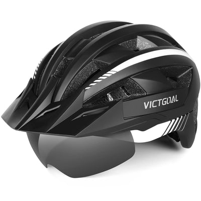 VICTGOAL Fahrradhelm MTB Mountainbike Helm mit magnetischem Visier Abnehmbarer Sonnenschutzkappe und LED Rücklicht Radhelm Rennradhelm für Erwachsenen Herren Damen (L: 57-61cm, Black White)