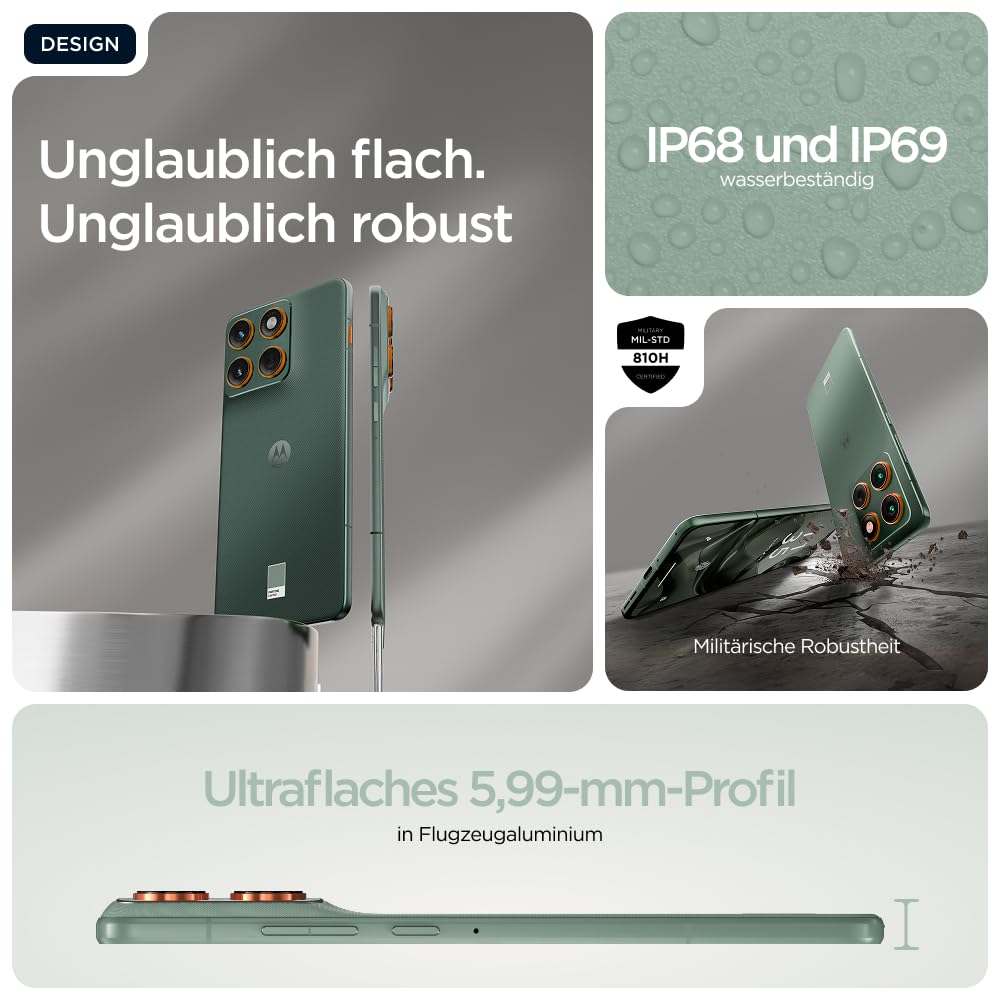 Motorola Edge 70 Smartphone (Robustes 6,67"-pOLED-Display mit Gorilla Glass 7i, 50-MP-Kamera, 12-512 GB, Wasser- und hitzebeständig, 68W-TurboPower-Aufladen), Pantone Lily Pad, inkl. Magnetcover