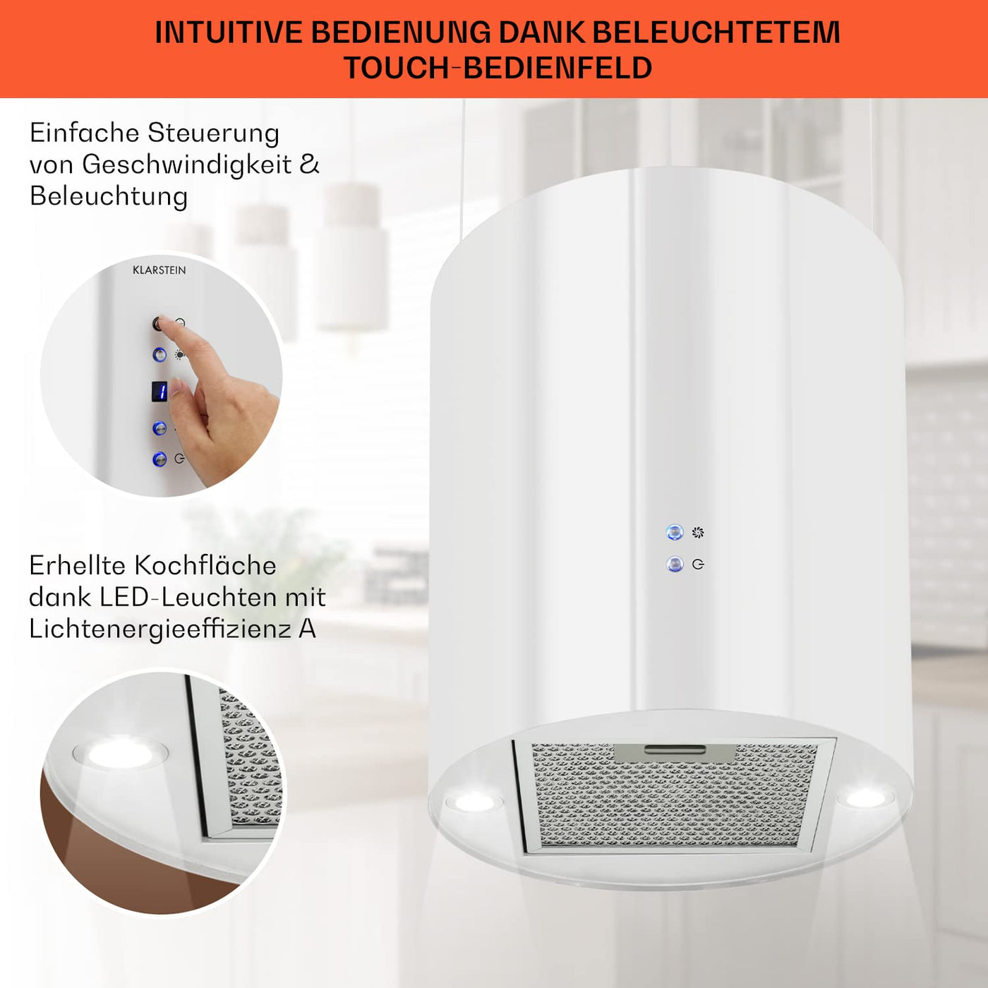 Klarstein Barett Inselabzugshaube - Dunstabzugshaube, Inselhaube, Ø 35cm, 190 W Motorleistung, max. 560 m³/h Umluftleistung, 3 Leistungsstufen, LED-Kochflächenbeleuchtung, Edelstahl, weiß