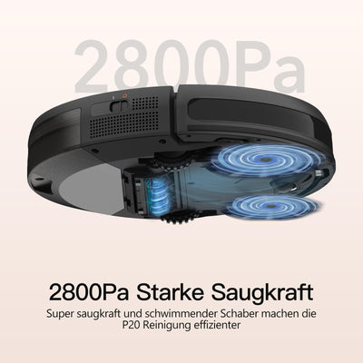 AIRROBO P20 Saugroboter, Roboter Staubsauger mit 2800Pa Saugkraft, Selbstaufladend, WLAN, 120 Minuten Laufzeit, Roboterstaubsauger für Teppiche, Tierhaare, Hartböden