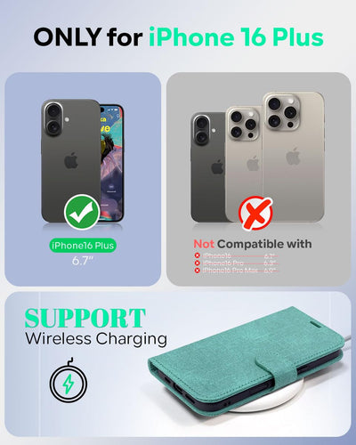 OCASE iPhone 16 Plus Hülle Handyhülle Premium PU Leder, Kartenfach Standfunktion, RFID Grhutzhülle Klapphülle Handytasche Lederhülle Kompatibel für iPhone 16 Plus (6,7 Zoll) Denim Grüne