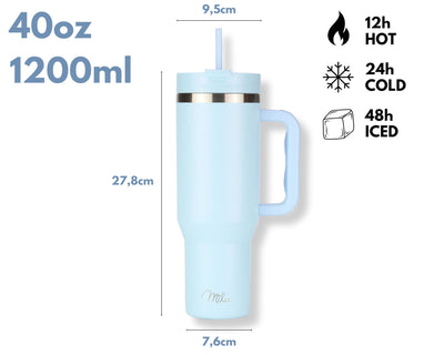 Milu Thermobecher 1200ml mit Strohhalm und Henkel 48h Eis/ 24h kalt/12h heiß Edelstahl Tumbler 40oz mit Griff Isolierbecher to go Isolierflasche Trinkflasche doppelwandig isoliert (Morning Blue, 1,2L)