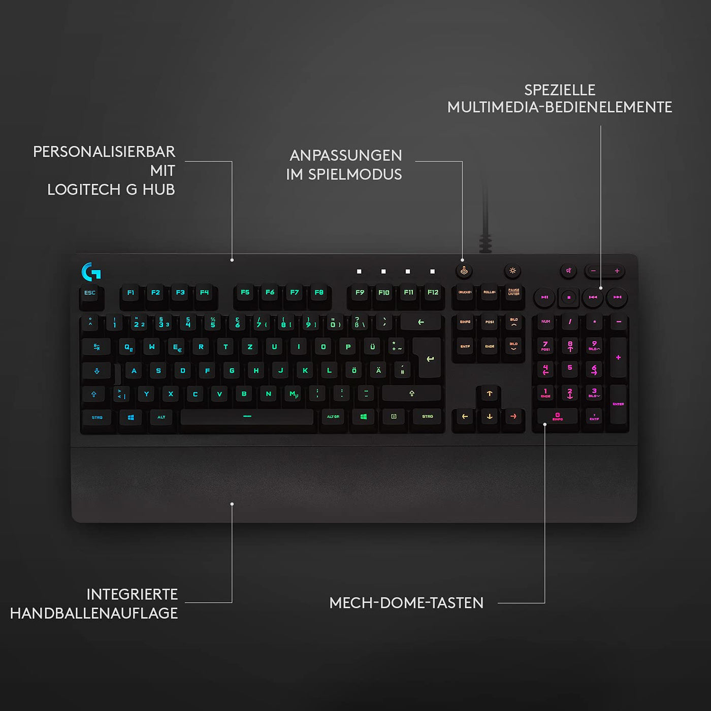Logitech G213 Prodigy Gaming-Tastatur, RGB-Beleuchtung, Programmierbare G-Tasten, Multi-Media Bedienelemente, Integrierte Handballenauflage, Spritzwassergeschützt, Deutsches QWERTZ-Layout - Schwarz
