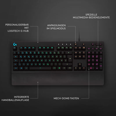 Logitech G213 Prodigy Gaming-Tastatur, RGB-Beleuchtung, Programmierbare G-Tasten, Multi-Media Bedienelemente, Integrierte Handballenauflage, Spritzwassergeschützt, Deutsches QWERTZ-Layout - Schwarz