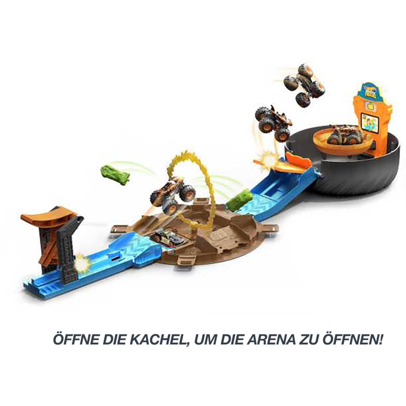 Hot Wheels Monster Trucks Stunt Reifen Spielset, enthält 3 Monster Trucks und 3 Fahrzeuge im Maßstab 1:64, Geschenk für Kinder im Alter von 4 bis 8 Jahren, HHY74