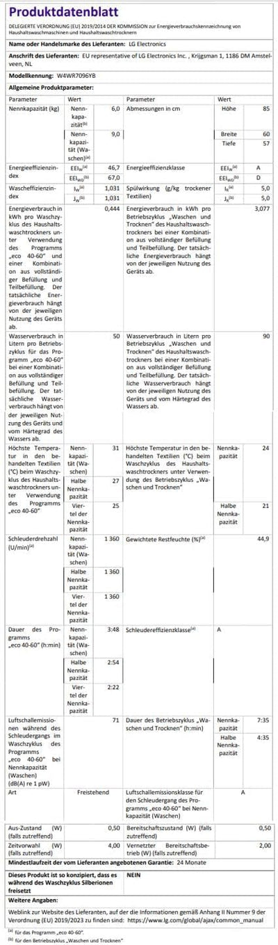 LG W4WR7096YB, Klasse D, Frontlader-Waschtrockner 9 - 6 kg, 62 x 60 x 85 cm, Wi-Fi, AI Direct Drive, Tiefenreinigung mit Dampf, TurboWash 360, Große Kapazität, Außentür aus gehärtetem Glas, Weiß