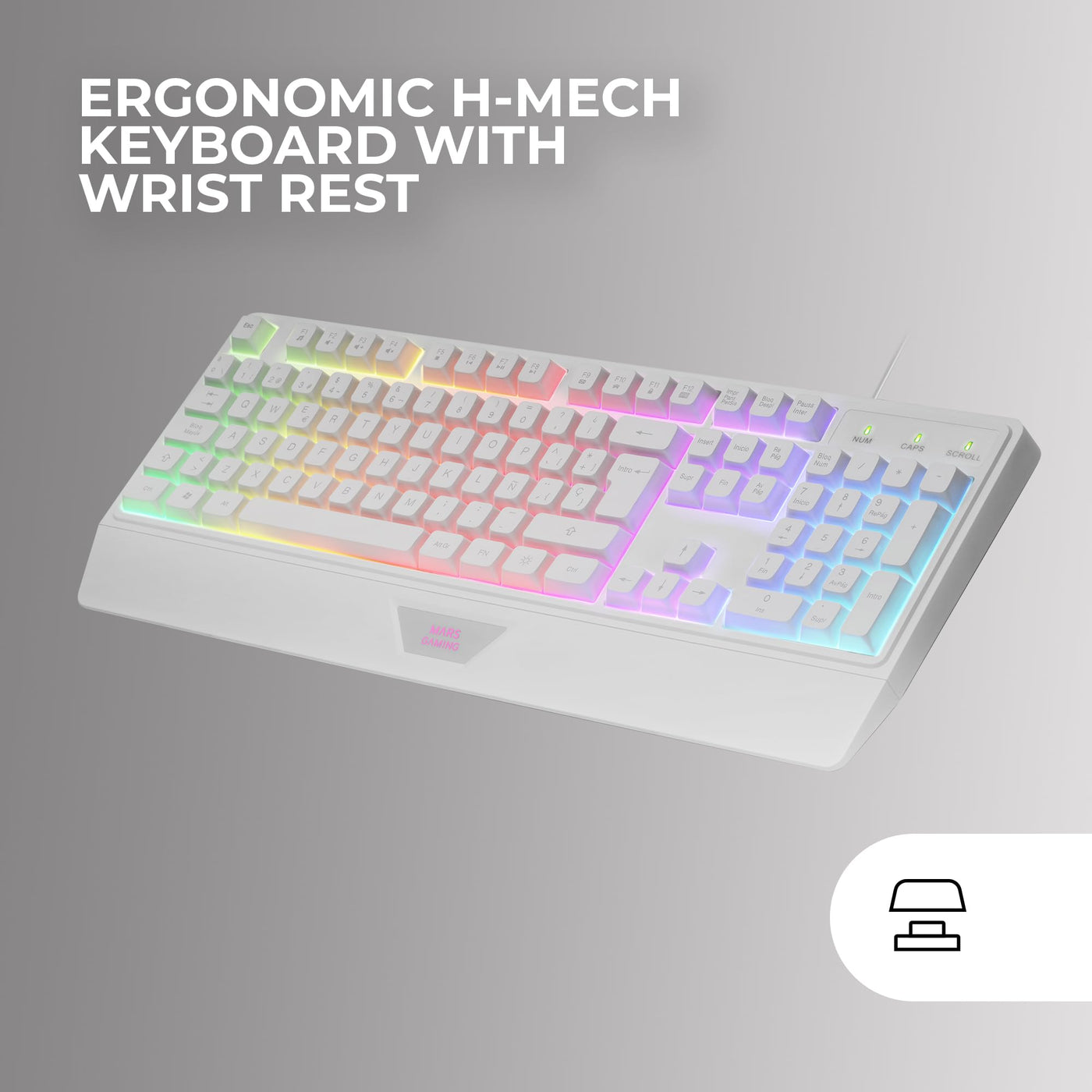 MARSGAMING MCP124, 3in1 Gaming Combo, Ergonomische H-Mech LED RGB Tastatur, RGB Maus 3200DPI HUANO Switches, Nanotextil-Mauspad 360x260mm, Multiplattform-Kompatibilität, Spanisches Layout, Weiß