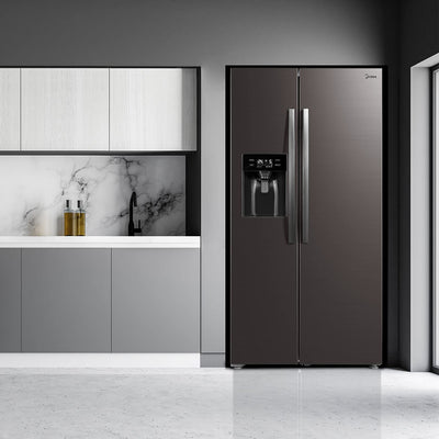 Midea KS-DDX 6.32 WT Side-by-Side Kühl-/Gefrierkombination/ 178,8 cm Höhe/ 254 kWh/Jahr/No Frost/Dual Inverter Compressor/mit 3in1 Wasser-/Eisspender und Wassertank, Dark Inox