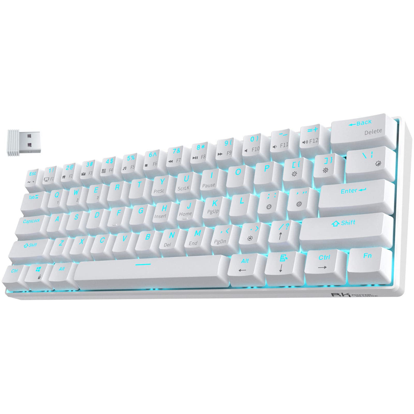 RK ROYAL KLUDGE RK61 Mechanische Gaming-Tastatur, kabellos, 60%, ultrakompakt, mit blauem Clicky-Schalter, kompatibel für die Verbindung mit Mehreren Geräten, Weiß