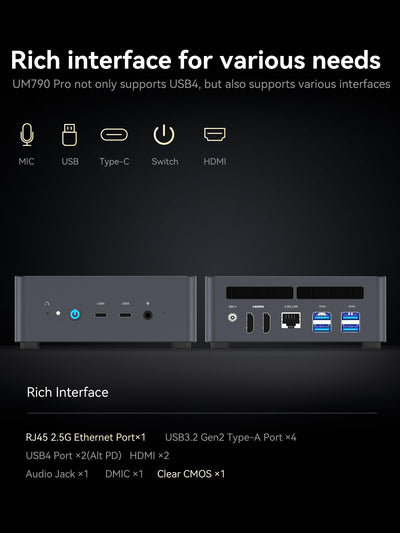 MINIS FORUM Venus UM790 Pro Mini-PC AMD Ryzen 9 7940HS, genau 5,2 GHz, 64 GB DDR5 1 bis SSD mit AMD Radeon 780M, 4X USB3.2, 2X USB4, 2X HDMI 2.1, 2X PCIe4.0, Wi-FI 6E /BT5.3, RJ45 2,5 G