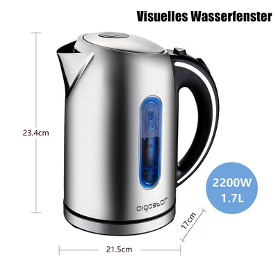 Aigostar King - Wasserkocher Edelstahl 1,7 liter, Elektrischer Wasserkocher mit Kalkfilter, LED Beleuchtung Wasserstandsanzeige, 2200 Watt, Verdecktes Heizelement, Abschaltautomatik, BPA frei