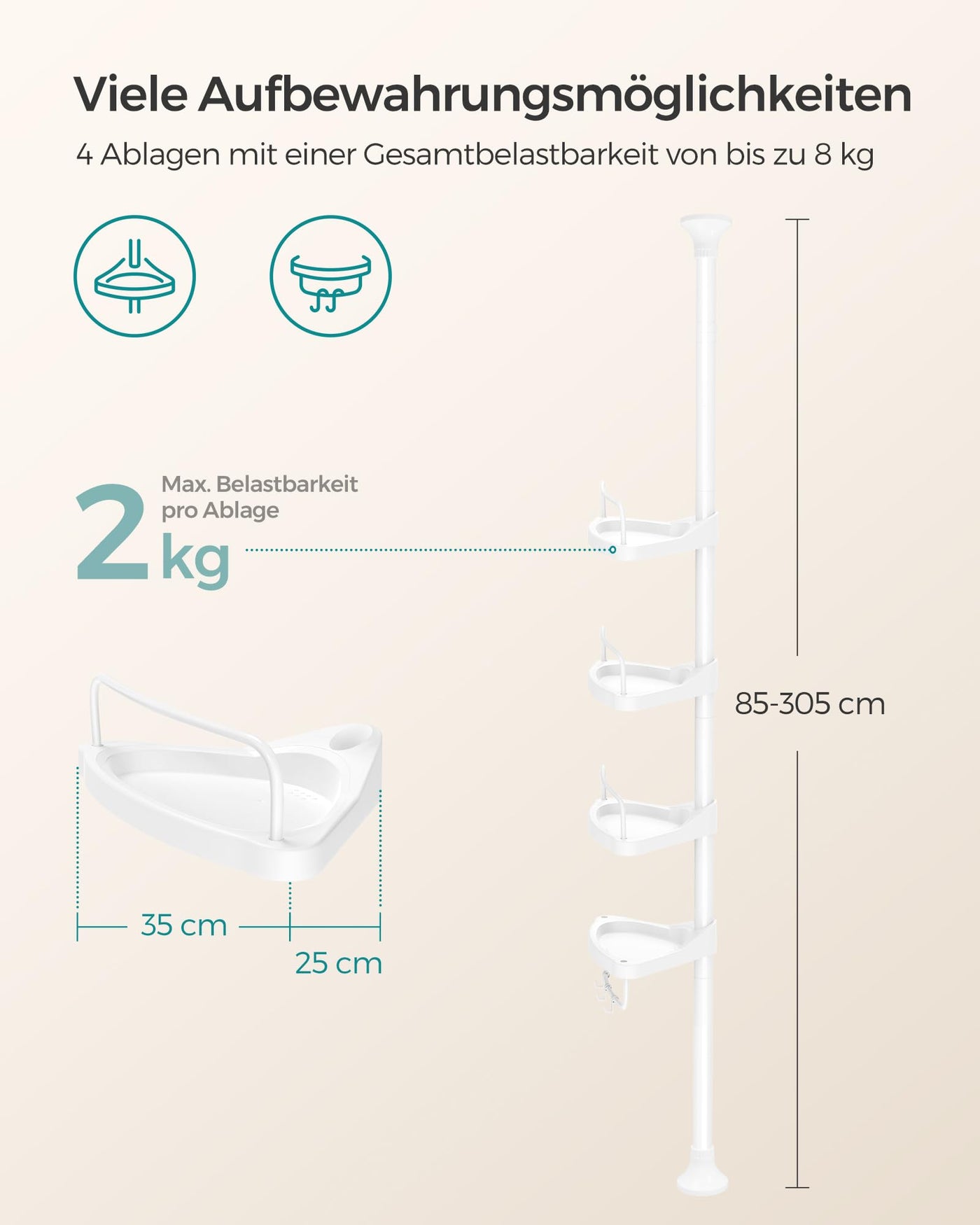 SONGMICS Duschregal, Eckregal Bad, mit 4 Ablagen, Badregal, Gesamthöhe 85-305 cm, höhenverstellbar, Badezimmer-Regal, weiß BCB001A