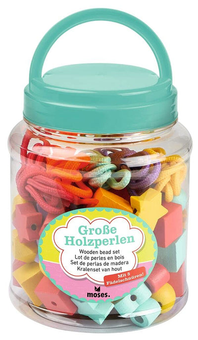 moses. Große Holzperlen zum Fädeln, 75 bunte Perlen und 5 Schnüre zum Auffädeln, Montessori Fädelspiel für Kinder ab 3 Jahren, Bunt