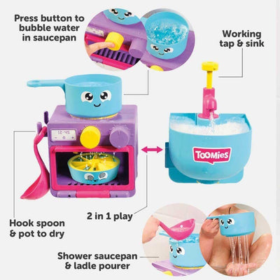Toomies Bubble & Bake Badewannen Küche, Baby Badespielzeug, Wasserspielzeug, Badespielzeug für Kleinkinder, 2 in 1 Spielset, Badewannenspielzeug geeignet für Kinder ab 18 Monate +