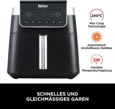 Ninja Air Fryer Heißluftfritteuse MAX PRO, 6,2L Airfryer, Antihaftbeschichtung, spülmaschinenfester Korb und Crisper Gittereinsatz, Fritteuse ohne Öl, digital, Kochen aus dem Gefrorenen, Grau, AF180EU