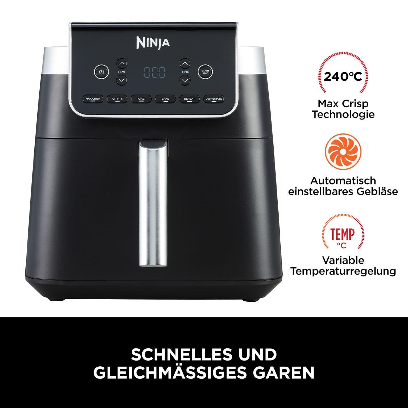 Ninja Air Fryer Heißluftfritteuse MAX PRO, 6,2L Airfryer, Antihaftbeschichtung, spülmaschinenfester Korb und Crisper Gittereinsatz, Fritteuse ohne Öl, digital, Kochen aus dem Gefrorenen, Grau, AF180EU