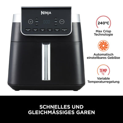 Ninja Air Fryer Heißluftfritteuse MAX PRO, 6,2L Airfryer, Antihaftbeschichtung, spülmaschinenfester Korb und Crisper Gittereinsatz, Fritteuse ohne Öl, digital, Kochen aus dem Gefrorenen, Grau, AF180EU